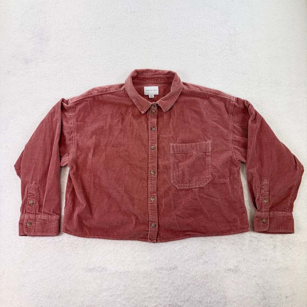 American Eagle Salmon Pink Corduroy Cropped Button Up Shirt Size Large